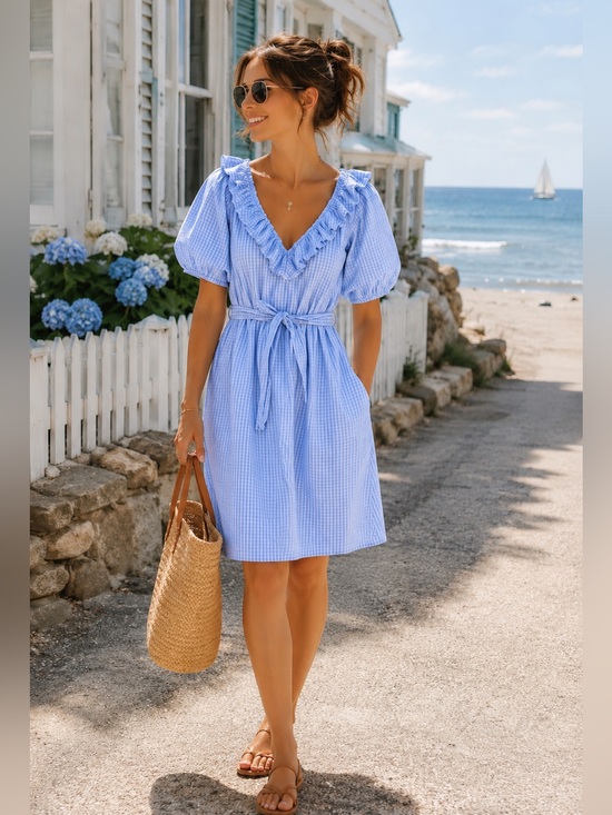 Draper James Dresses & Skirts - DRAPER JAMES RSVP Women's Blue Gingham Plaid Ruffle V-neck Tie Waist Dress L